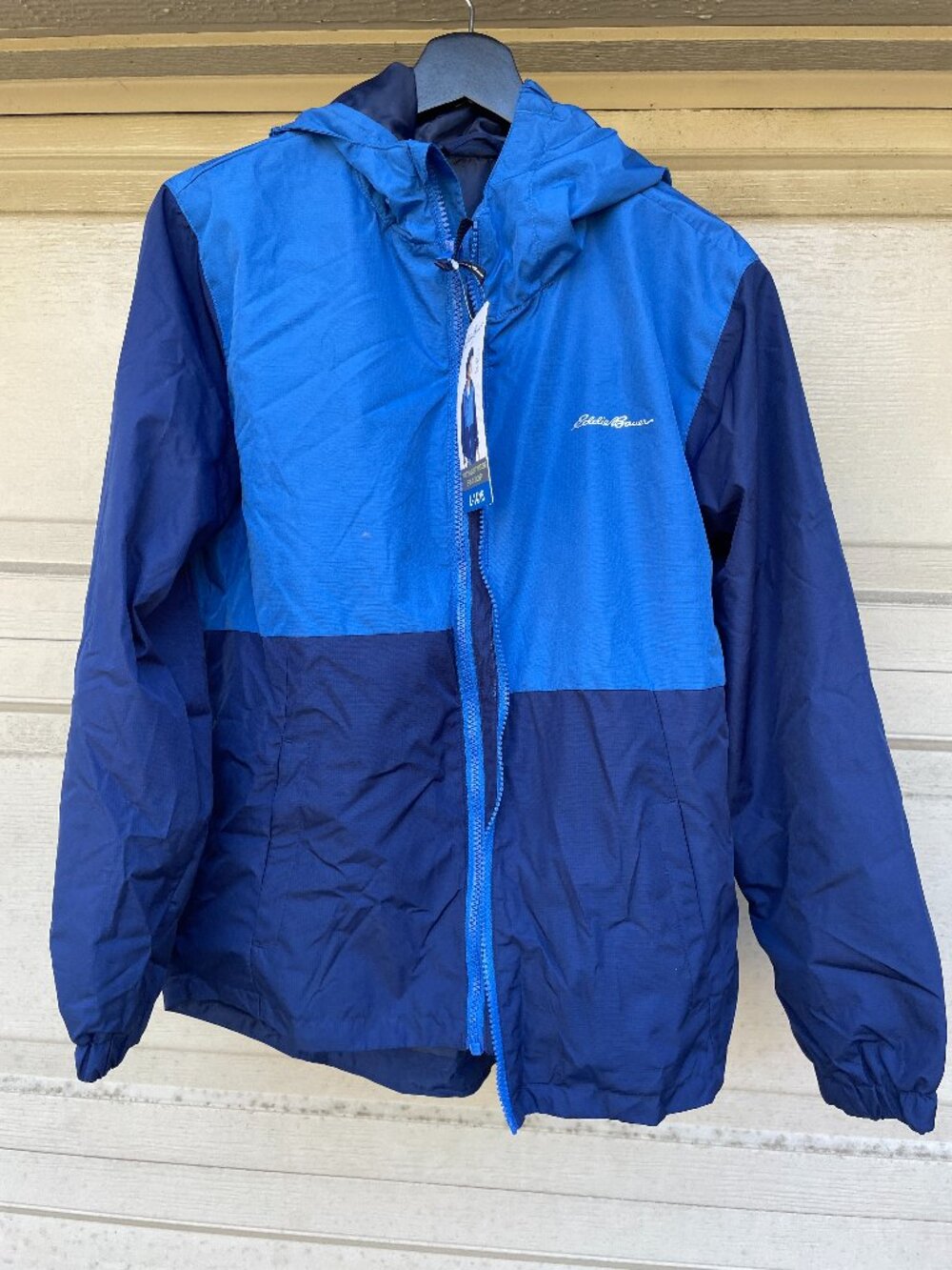 NWT Eddie Bauer Youth L 14/16 Blue Hooded Jacket Rain Coat Lightweight Gorpcore